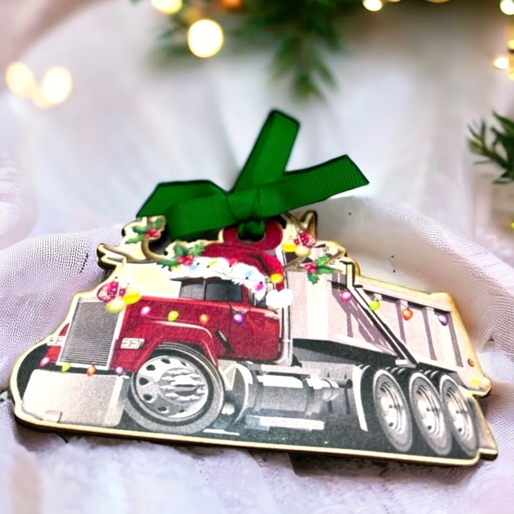 New Handmade Sublimation Christmas Dump Truck Ornament, Personalized & Unique